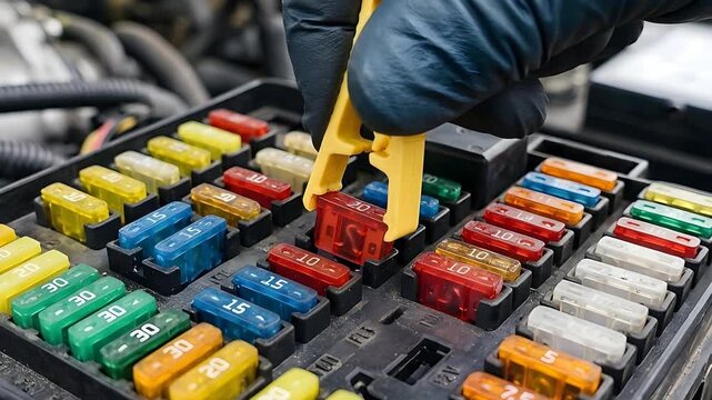 Mechanic Wearing Black Gloves Uses Yellow Fuse Puller Tool To Remove Red Fuse From Automotive Fuse Box With Assorted Colorful Fuses In A Car Engine