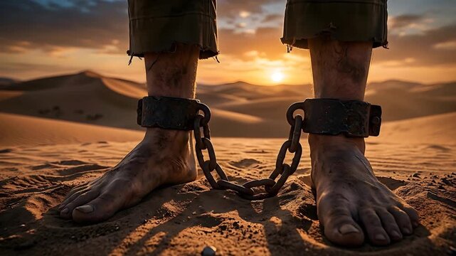 Person With Ankles Chained Standing In Desert Landscape During Golden Hour With Sand Dunes In Background