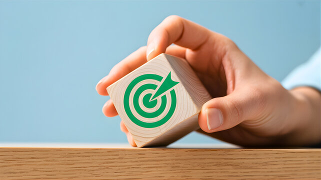 Hand holding wooden block with green target icon, symbolizing successful achievement of business objectives, precise strategic planning, and focused goal attainment