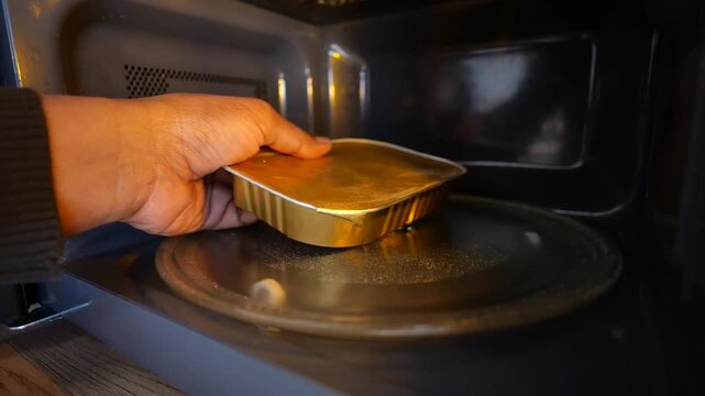 Hand Placing Ready Meal in Microwave Oven