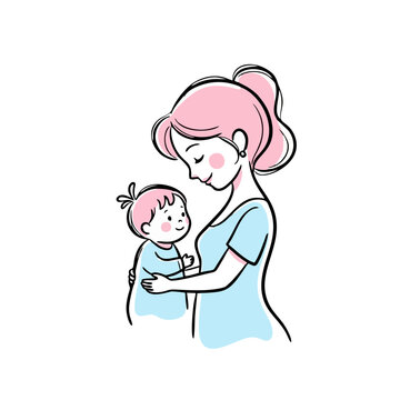 A smiling woman gently holds a sleeping baby with pink hair s14.svg