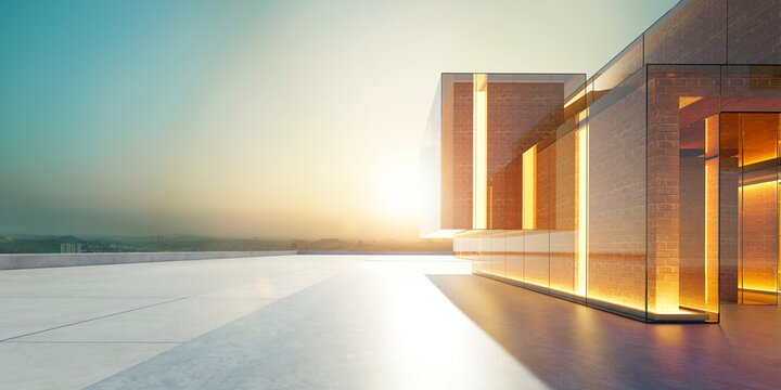 3d rendering modern building facade featuring glass walls and brick