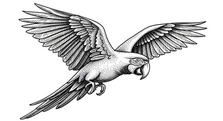 Detailed illustration of a parrot in flight, black and white sketch, artistic rendering, bird wings spread © Apel