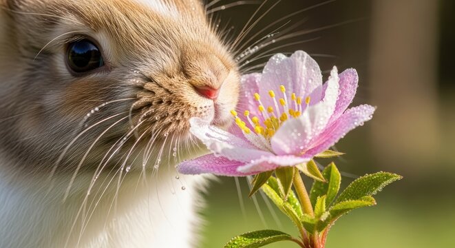 Bunny Sniffs Delicate Pink Flower in Sunlight.