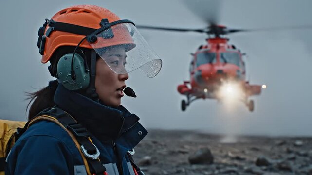 Professional female in safety gear looking at rescue helicopter landing on rugged terrain