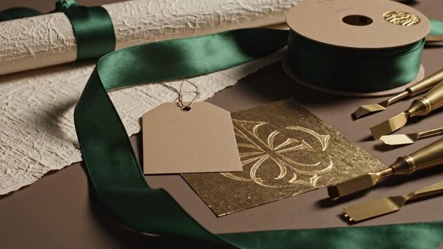 An elegant arrangement featuring textured white paper, a rich green ribbon, a blank tag, a golden embossed sheet, and precision tools, all set on a neutral toned background