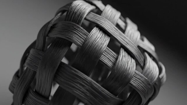 Black and white woven sphere spins in soft focus showing intricate texture and detail in slow motion.