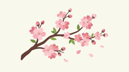 Fototapeta premium a brown cherry blossom branch stretches across a pale yellow background, showcasing pink blossoms, green leaves, and drifting petals in nature