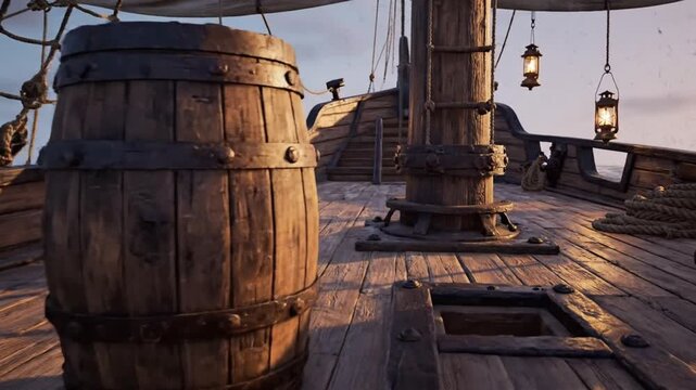 Rustic wooden ship deck with coiled ropes, barrels, and lanterns at golden hour