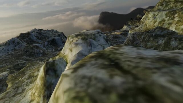 Cinematic 3D animation of a first-person view entering a cave at the top of a Canyon following a path full of precise stones on the walls, finally arriving at a pyramid inside.