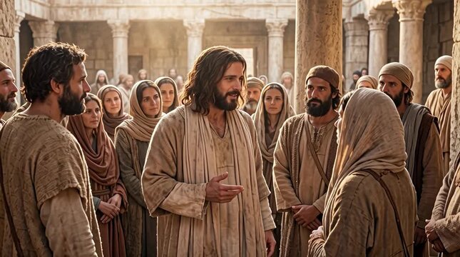 Jesus standing in the ancient temple area speaking peacefully to a crowd of first-century Jews