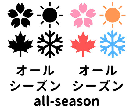 オールシーズン対応アイコンセット 四季（春の桜、夏の太陽、秋の紅葉、冬の雪の結晶）のピクトグラム 日本語「オールシーズン」と英語「all-season」のテキスト入り 年中使える製品や衣類、傘の説明用素材ベクターイラスト