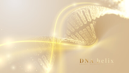 Gold glow DNA helix with golden curve neon decoration, Futuristic technology elegant concept in particle shape. © witsanu