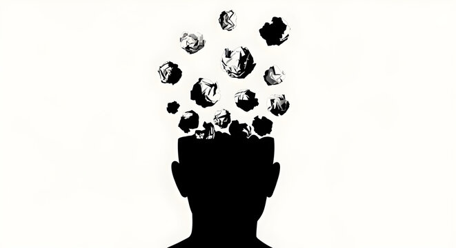 A black silhouette of a human head with various objects exploding out of it