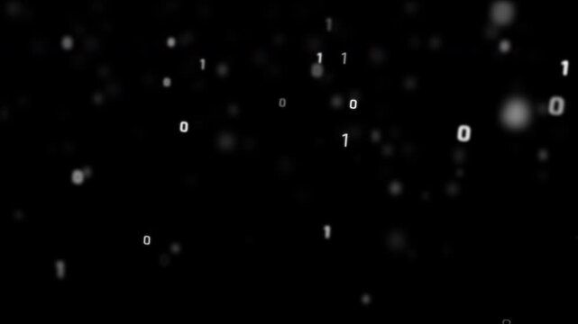 Binary digits and glowing particles rising upward on black background, digital data flow, abstract technology and cyberspace motion graphic overlay