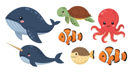 Cute Cartoon Underwater Sea Creatures Collection: Whale, Narwhal, Turtle, Octopus, Clownfish, Pufferfish © ati