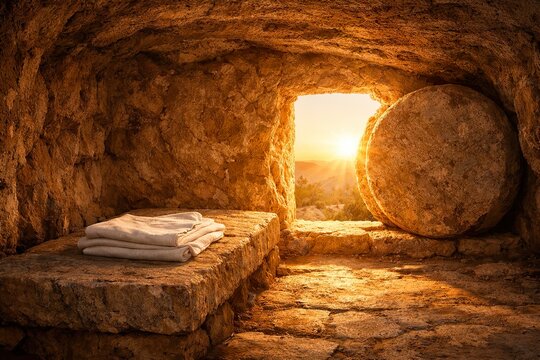 Empty tomb with folded linen and glowing sunlight, resurrection concept