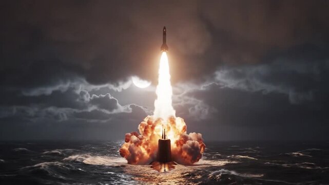Submarine surfacing in rough dark ocean under cloudy moonlit sky at night