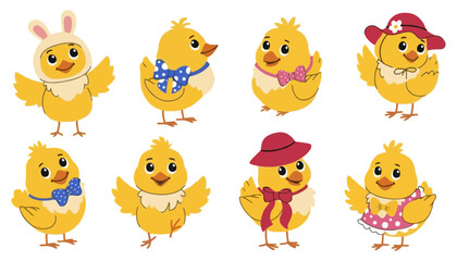 Fototapeta premium Chick cartoon characters wearing various costumes and accessories happily