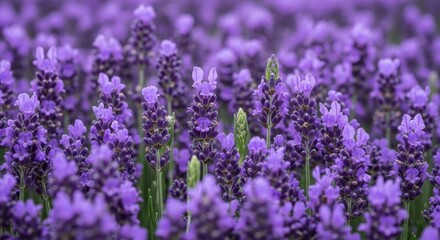 Naklejka premium Vibrant purple lavender field in full bloom, close-up view showcasing delicate floral texture and natural beauty, perfect for serene backgrounds and botanical themes