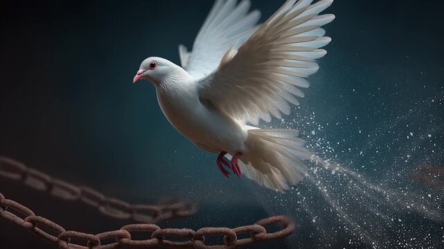 White Dove Breaking Free from Chain, Symbol of Freedom and Peace with Dramatic Light and Motion Particles