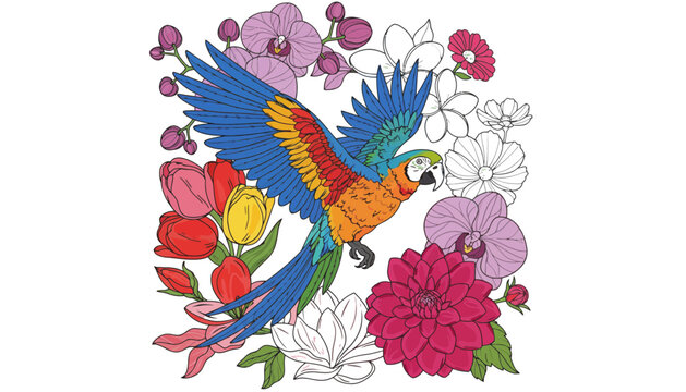A colorful parrot illustration surrounded by vibrant flowers and leaves