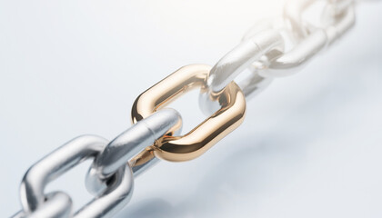 Fototapeta premium Golden link stands out in a strong silver chain, symbolizing connection, uniqueness, and partnership