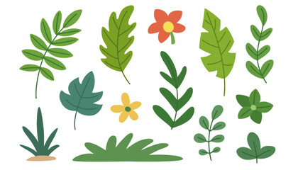 Fototapeta premium A leaf vector illustration set with colorful flowers and various green leaves