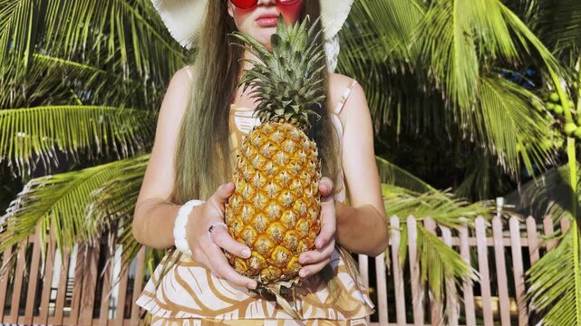 Young tourist woman background of palm trees holds pineapple in while looking at it with disgusted expression. Travel lifestyle concept with healthy food, exotic vacation and summer holiday mood.