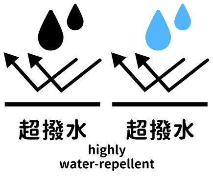 超撥水アイコンセット 水滴を弾く機能を説明するピクトグラム 日本語「超撥水」と英語「highly water-repellent」のテキスト入り 雨傘やレインウェア、防水スプレーの製品説明用素材ベクターイラスト