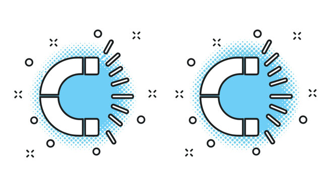 Pair of horseshoe magnet icons with lines of force on a halftone background illustrates physical attraction and magnetism principles.