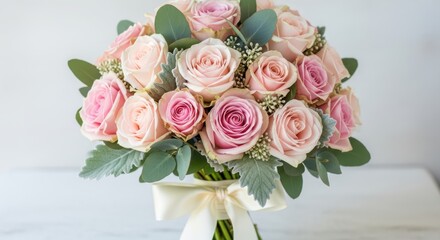 Obraz premium Elegant bridal bouquet featuring delicate pink and light peach roses with green eucalyptus leaves, tied with a creamy white ribbon, perfect for weddings and special occasions. isolated PNG with