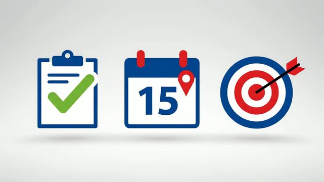 Set of icons depicting a checklist with a checkmark, a calendar with a date, and a dartboard representing goals and planning