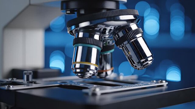 Close-up of a scientific microscope objective lens turret with multiple magnification lenses, ready