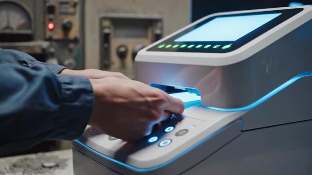 Worker hand holding access card near scanner, blue light, modern security system, authentication process, industrial background, workplace technology