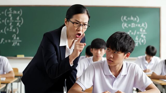 A Strict Asian Teacher Scolding a Student in a Classroom Setting, Emphasizing Discipline and Education