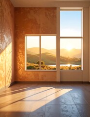 Fototapeta premium A serene empty room with a view of a sunset over mountains