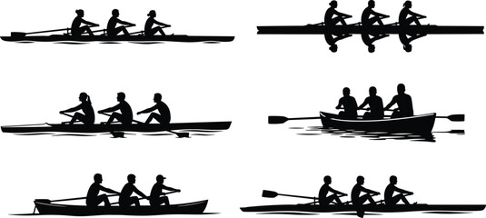 Black silhouettes of people rowing in different boats on water © Mokarrm Art