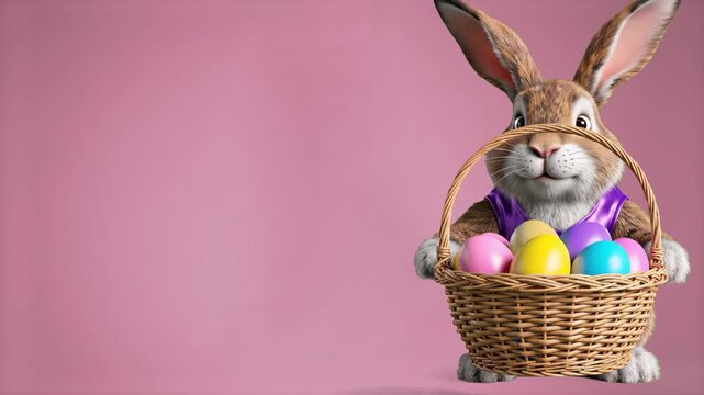 A friendly 3D animated brown rabbit carrying a wicker basket full of colorful eggs, dancing joyfully on a pink background. This festive character is great for spring-themed storytelling and ads.