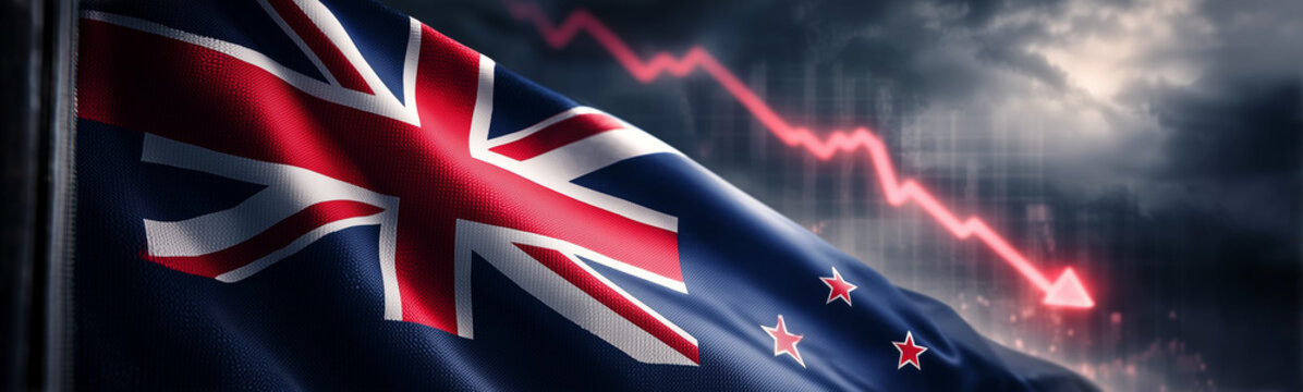 Economic Downturn: The flag of New Zealand, accompanied by a downward-pointing arrow against a dramatic, stormy sky, symbolizes economic decline and uncertainty.