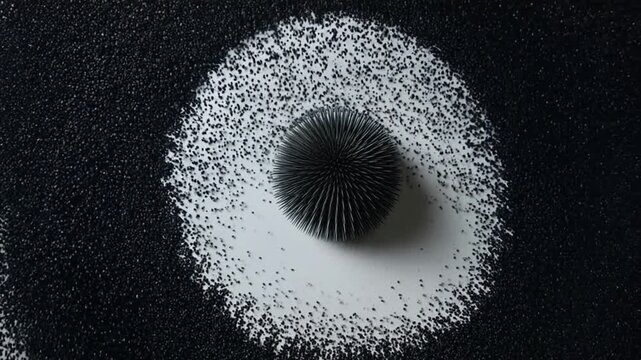 中心に向かって渦を巻きながら収束する砂鉄