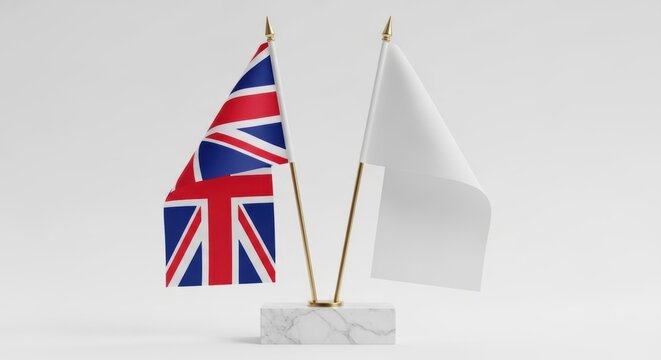 United Kingdom flag and blank white flag on desk stand, British Union Jack with empty mockup flag, international relations and diplomatic concept