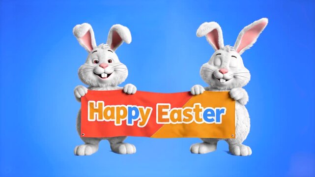 A pair of cheerful white 3D rabbits holding a blue and orange banner with the text "Happy Easter," isolated on a solid bright blue background. Perfect for social media headers and festive holiday anno