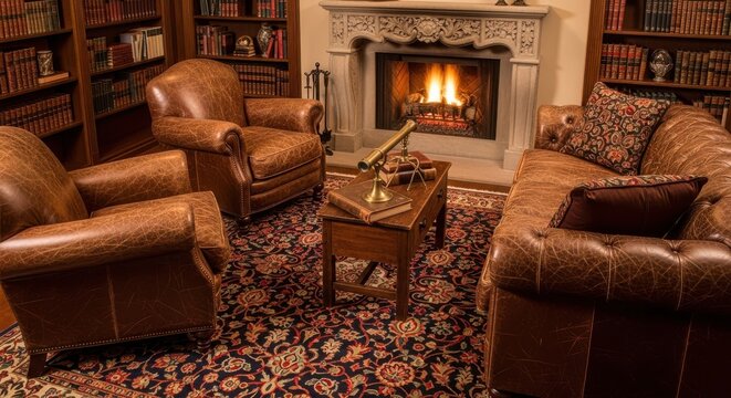 Luxurious hand-knotted silk rug with intricate floral motifs complements a warm, traditional living room interior with leather furniture and a fireplace.