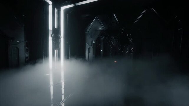 幾何学的な光の筋と交差するサイエンスフィクション風の霧