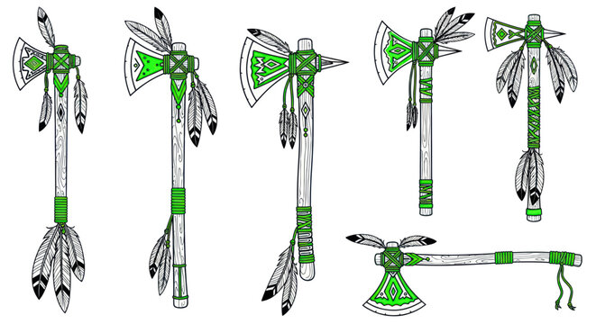 Native American Tomahawk Axe Collection with Feathers - Hand-Drawn Style