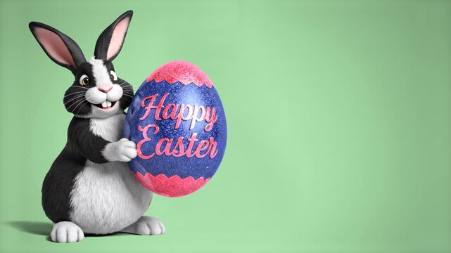 A high-quality 3D render of a bunny holding a large, blue textured egg featuring "Happy Easter" text in elegant script. This asset is set against a soft green background, ideal for professional spring