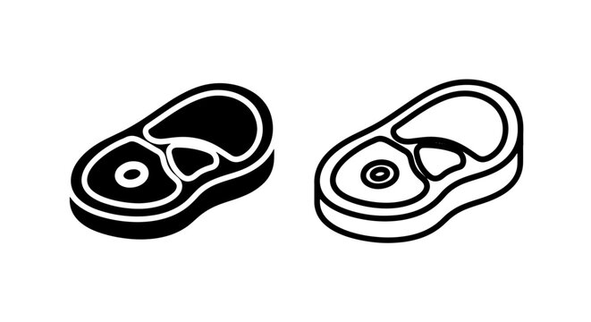 Raw steak icon duo: solid black and outline, isolated food graphics