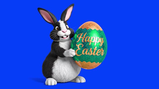 A friendly 3D animated black and white Dutch rabbit holding a large green glittery egg with "Happy Easter" text, dancing joyfully on a blue background. Great for modern holiday greetings and festive m