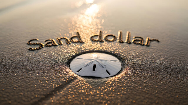 Sand dollar on sandy beach with sun reflection on water  closeup of ocean creature on shore  beachcombing and coastal exploration